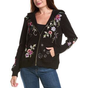 Johnny Was Womens Metallic Thermal Zip-Up Hoodie, Black